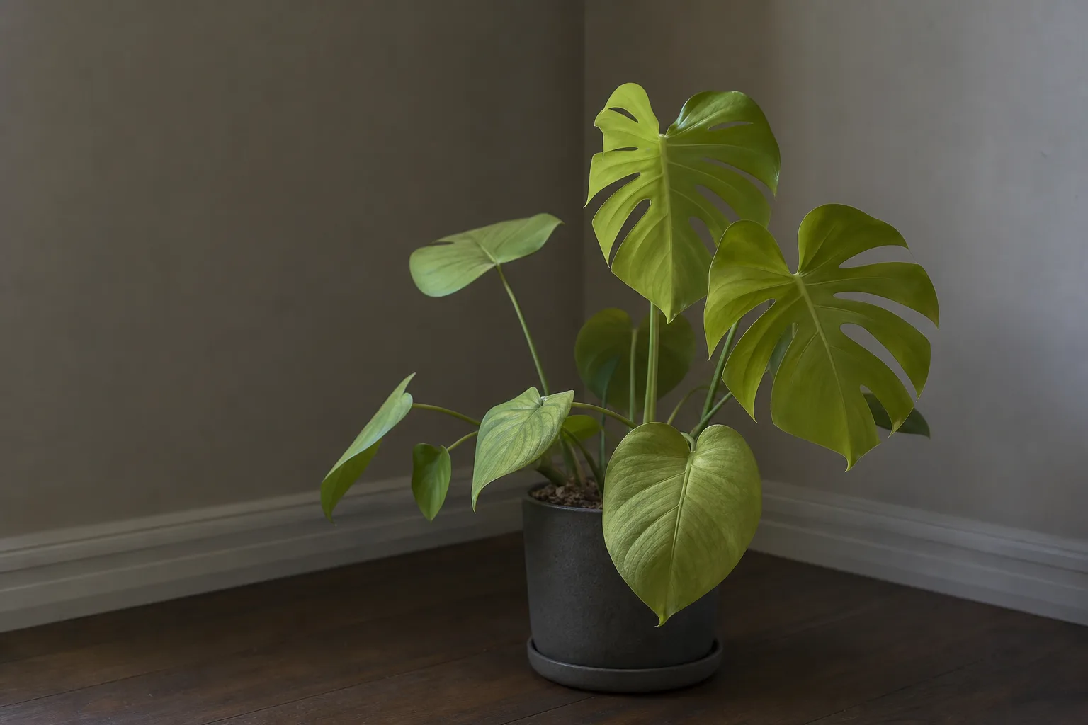 Not Enough Light on Monstera Deliciosa - visible symptom on the plant