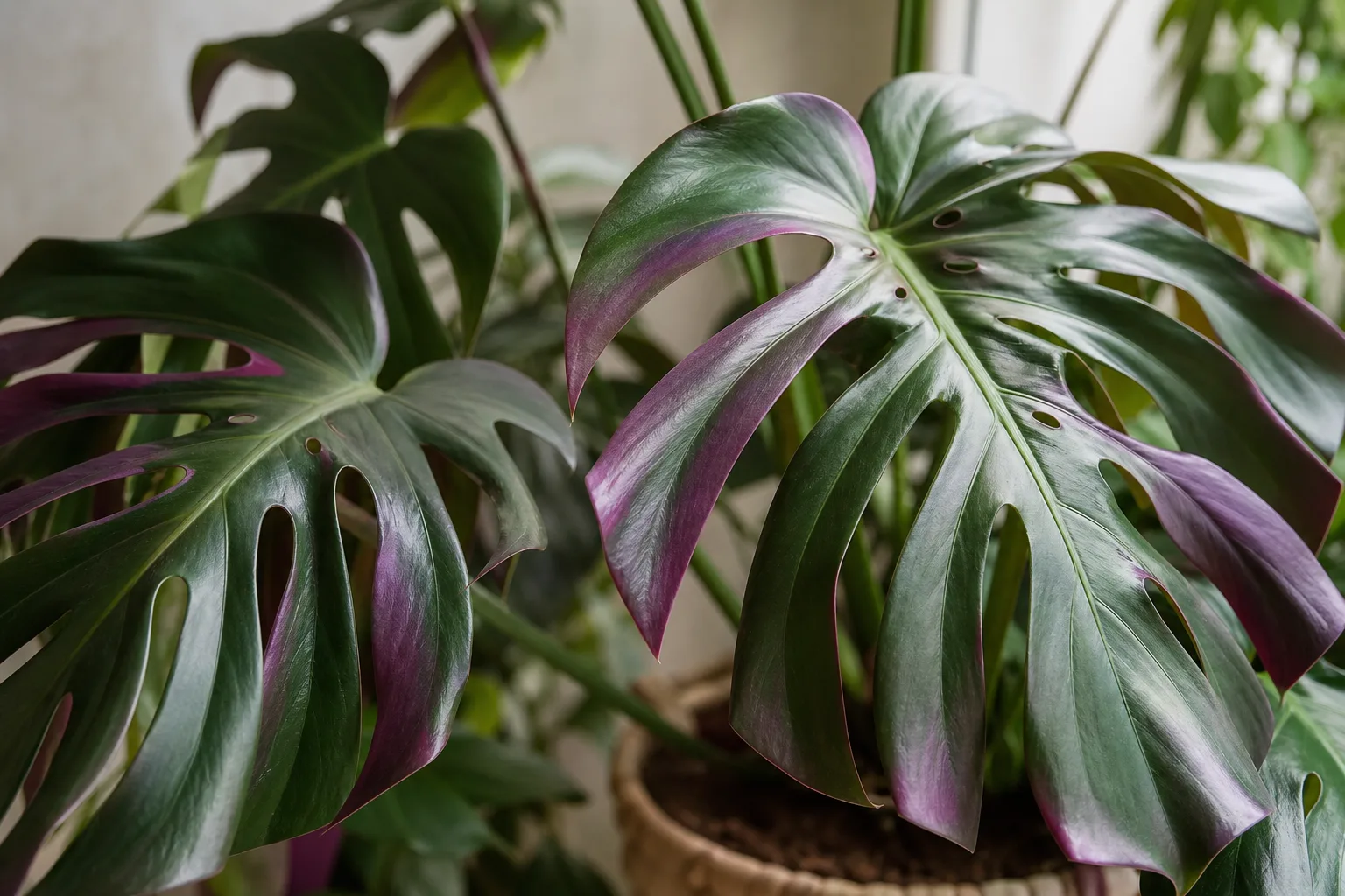Purple Leaves on Monstera Deliciosa - visible symptom on the plant