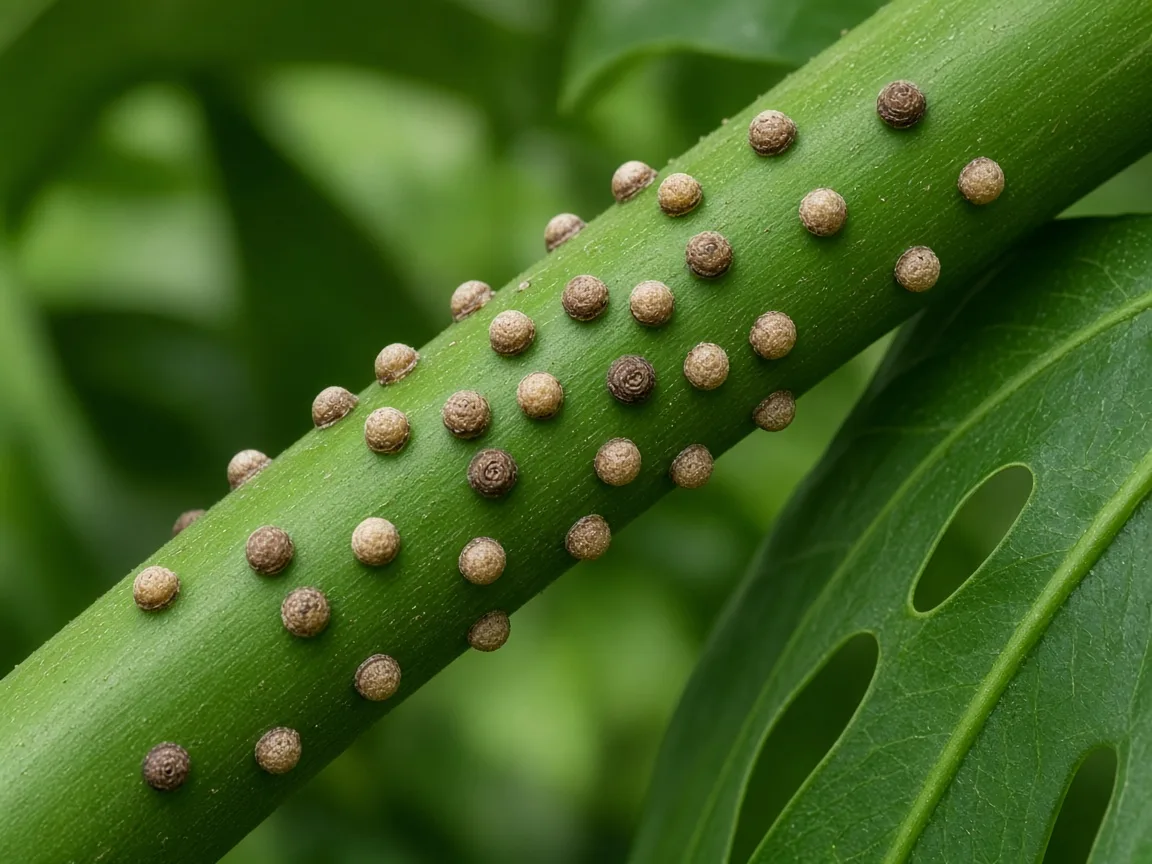 Close-up of scale insects on Monstera deliciosa - diagnostic detail