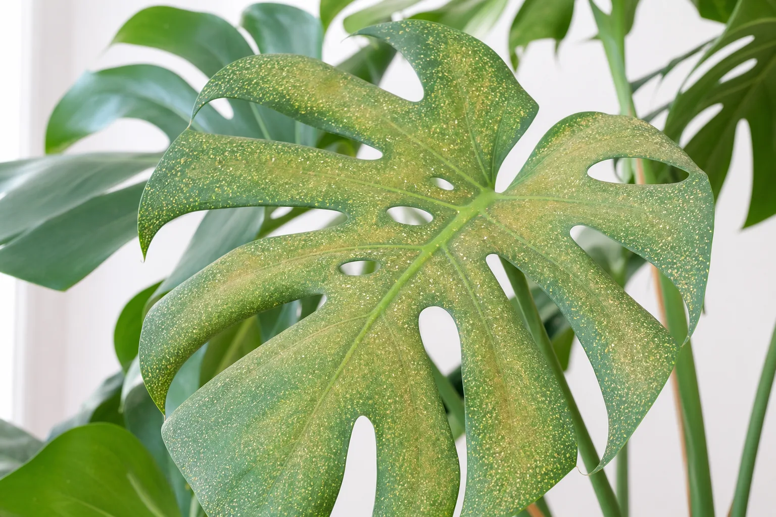 Monstera leaf being inspected for pest and disease symptoms