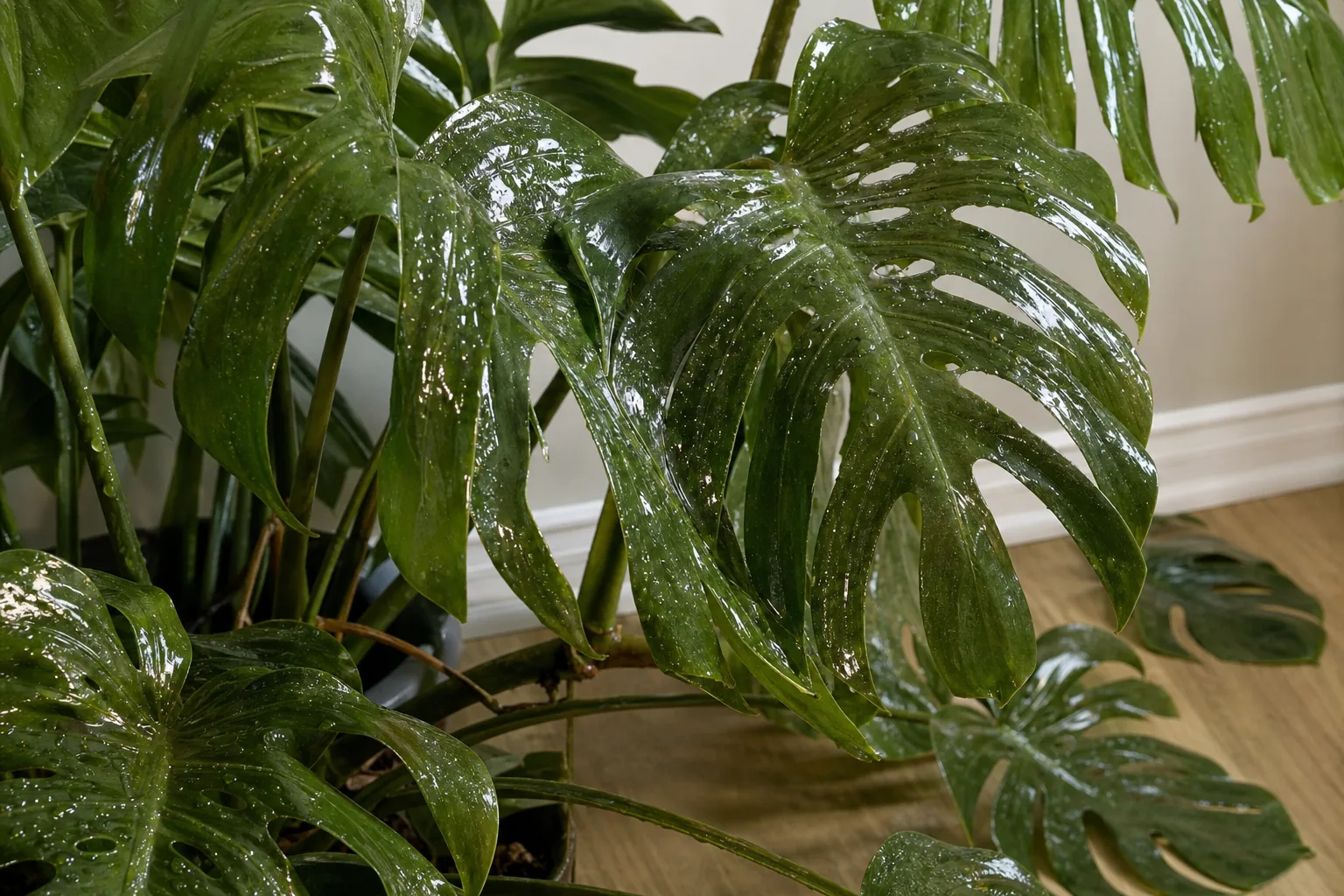 Sticky Leaves on Monstera Deliciosa - visible symptom on the plant