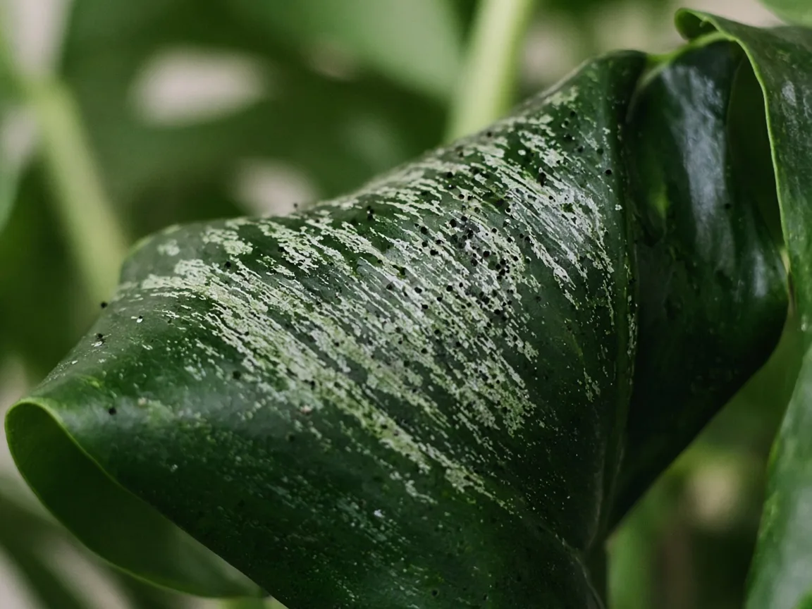 Close-up of thrips damage on Monstera Deliciosa - silvery stippling on an unfurling split leaf