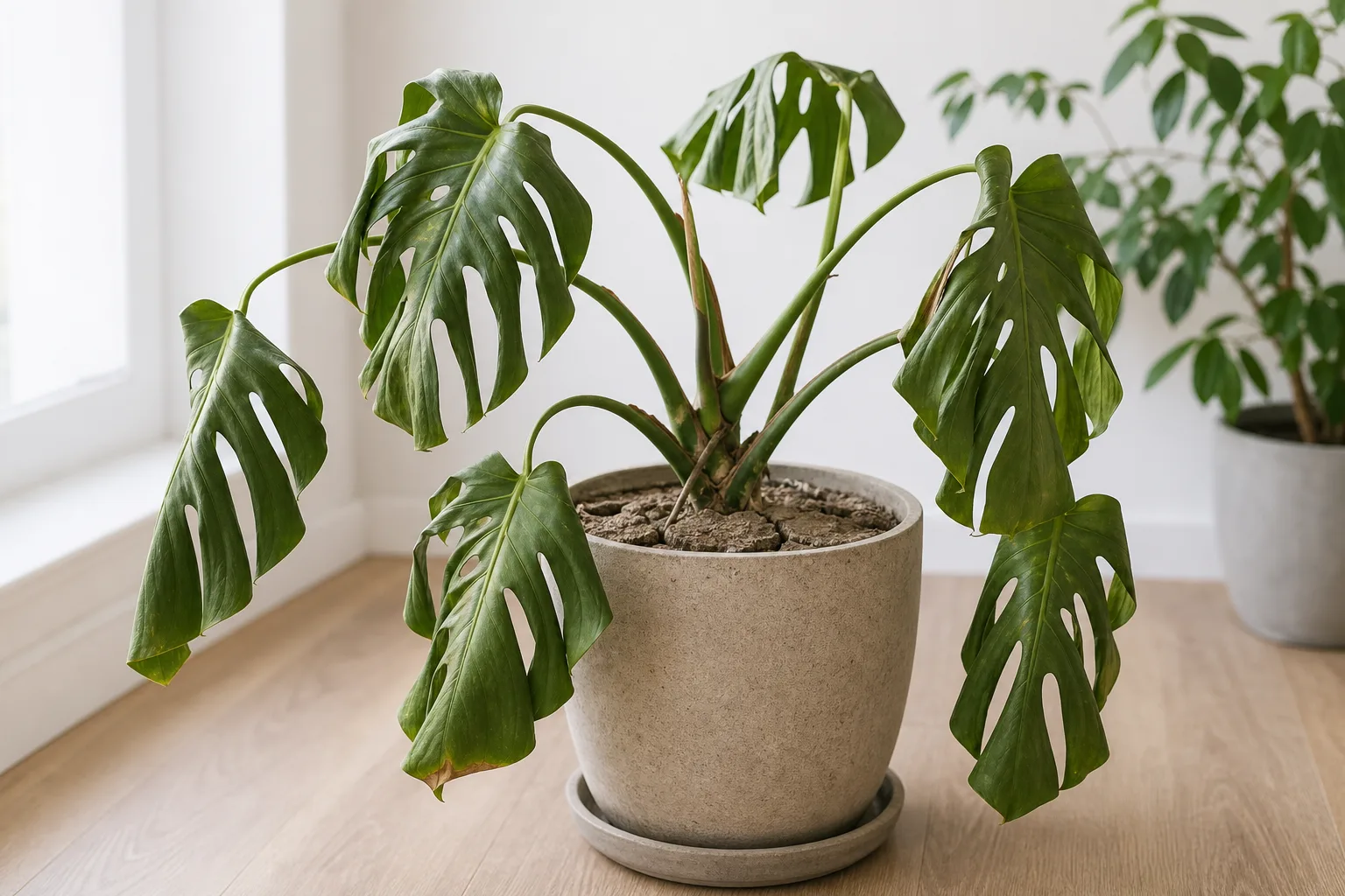 Curling Leaves on Monstera Deliciosa - visible symptom on the plant