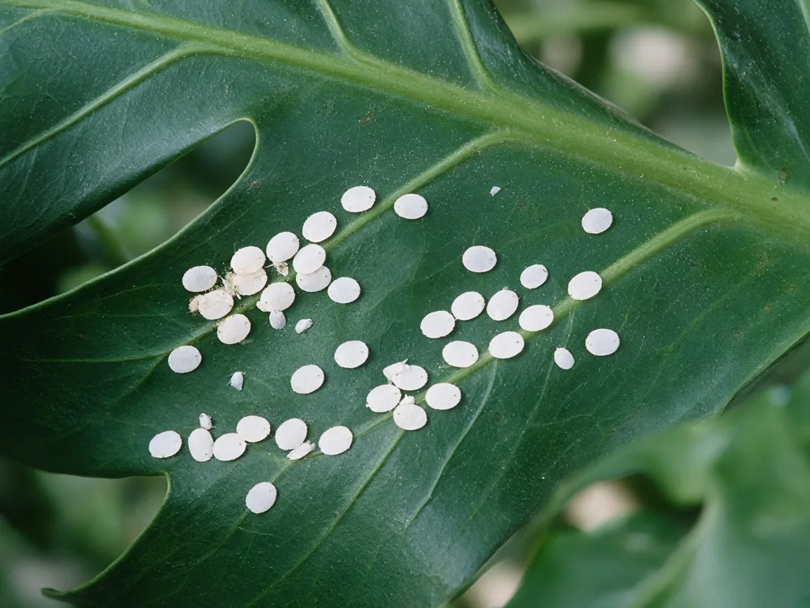 Close-up of whiteflies on Monstera Deliciosa - flat nymph disks and tiny adults on a split-leaf underside