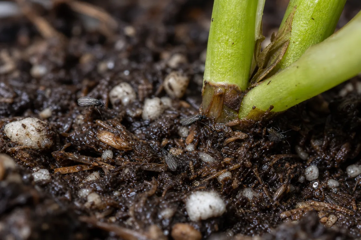 Close-up of Fungus Gnats on Neon Pothos - diagnostic detail