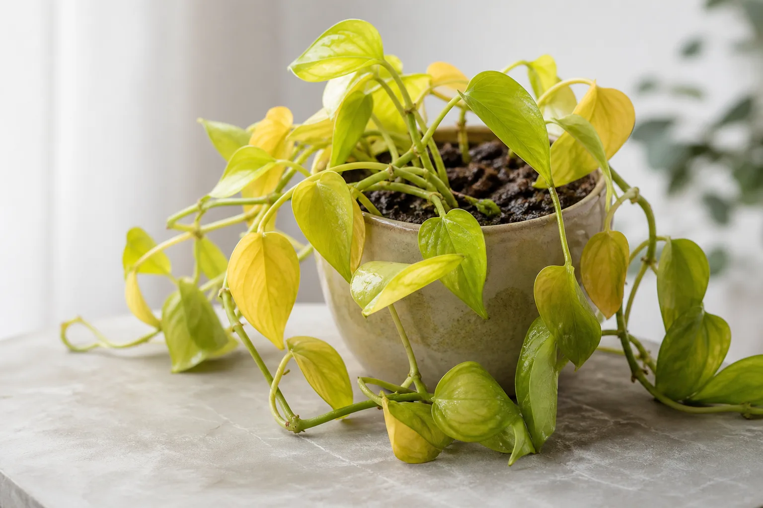 Overwatering on Neon Pothos - visible symptom on the plant