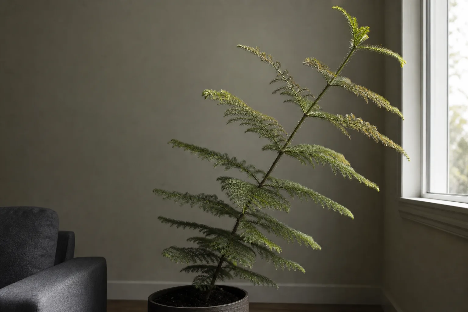 Not Enough Light on Norfolk Island Pine - visible symptom on the plant
