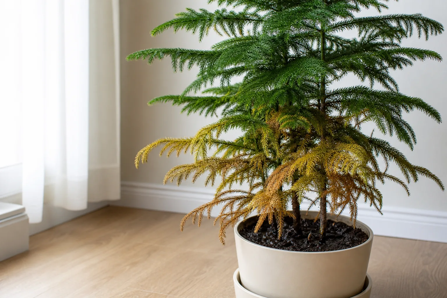 Overwatering on Norfolk Island Pine - visible symptom on the plant