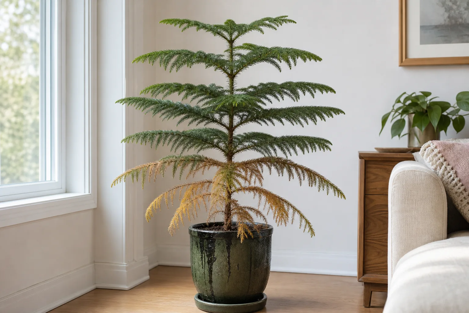 Root Rot on Norfolk Island Pine - visible symptom on the plant