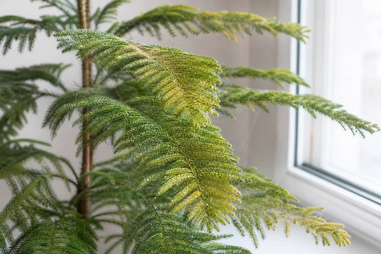 Spider Mites on Norfolk Island Pine - visible symptom on the plant