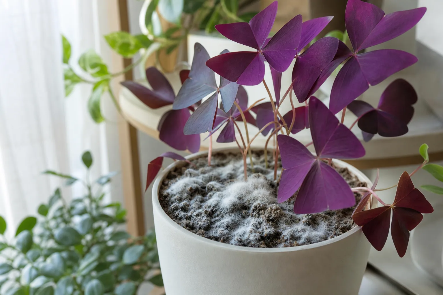 Mold on Soil on Oxalis Triangularis - visible symptom on the plant