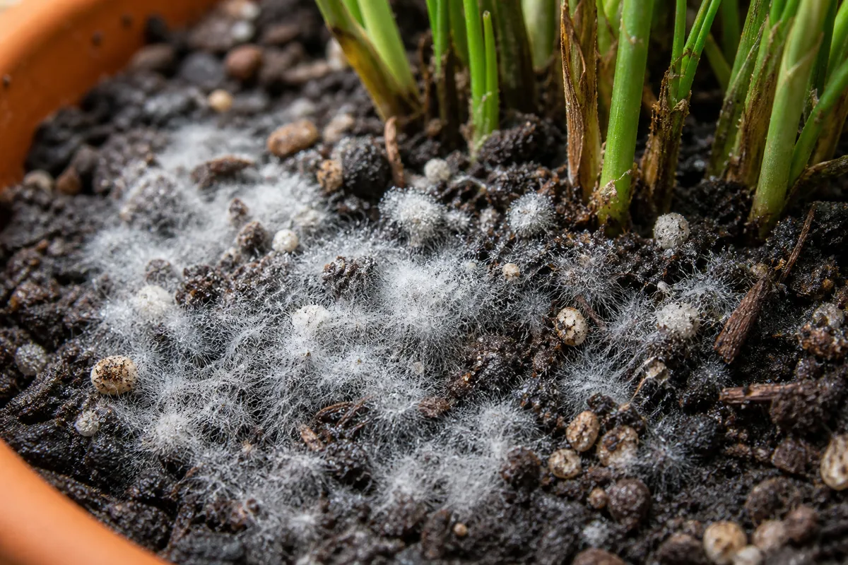 Close-up of Mold on Soil on Parlor Palm - diagnostic detail