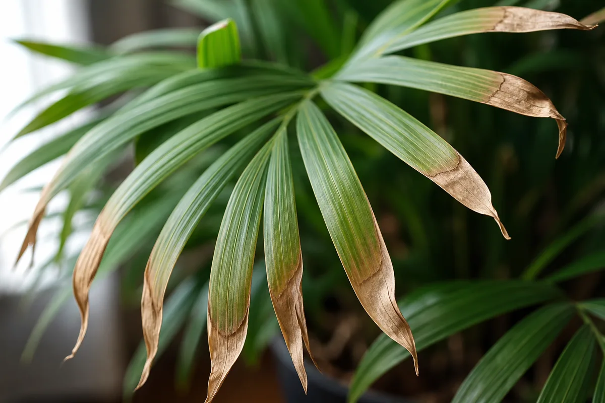 Close-up of Underwatering on Parlor Palm - diagnostic detail
