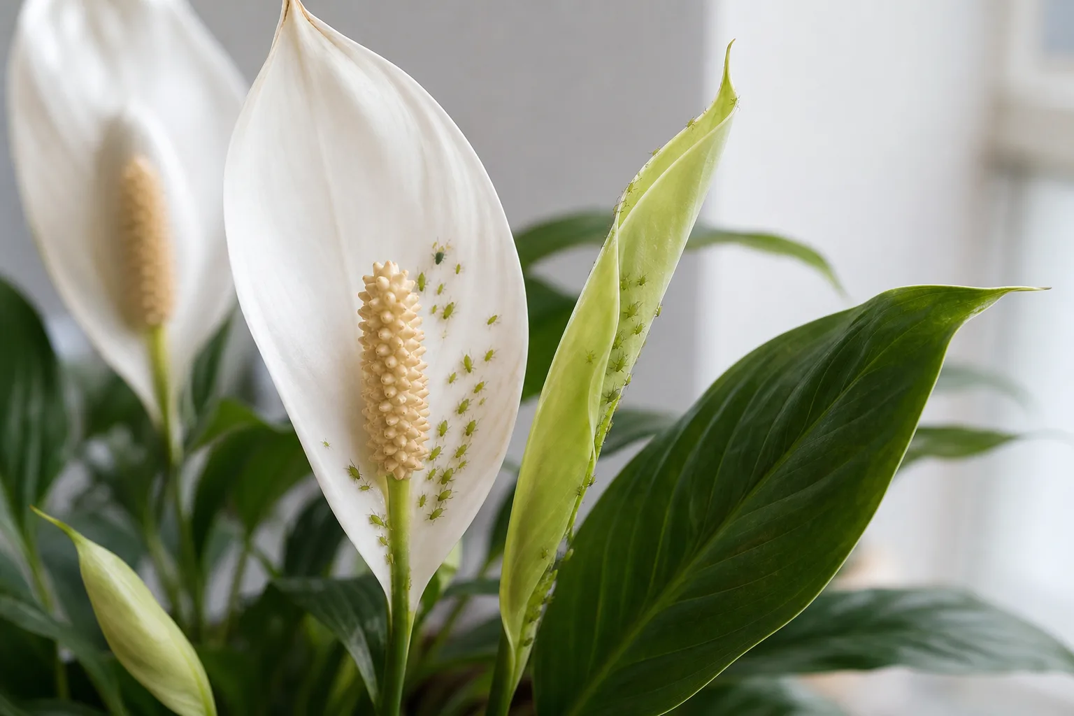 Peace lily new leaf and petiole with aphids and a honeydew sheen on the blade