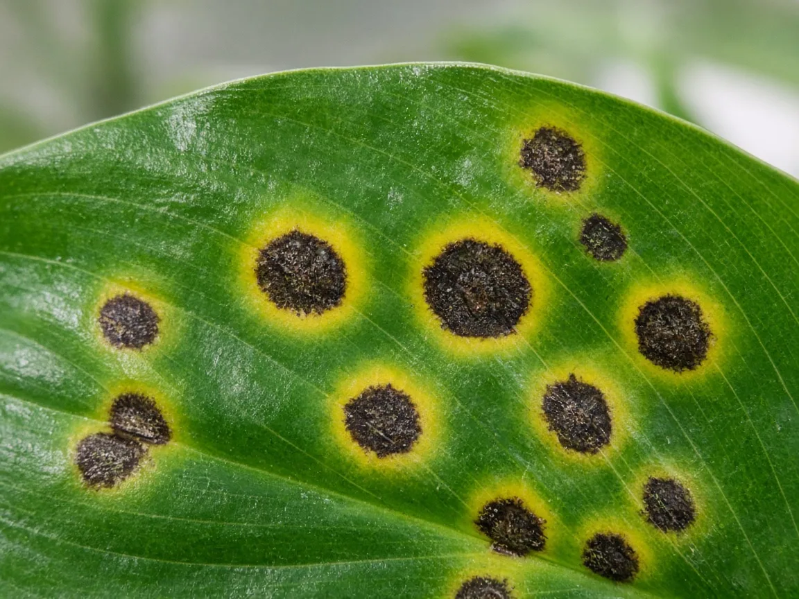 Close-up of black fungal leaf spots on Peace Lily - dark brown spots with yellow halos on glossy blade