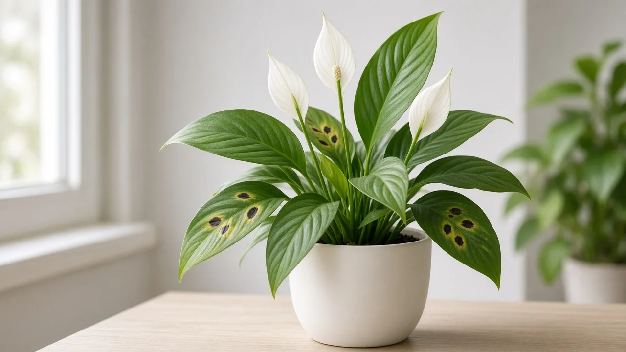 Black Spots on Peace Lily - dark fungal leaf spots with yellow halos on broad glossy blades