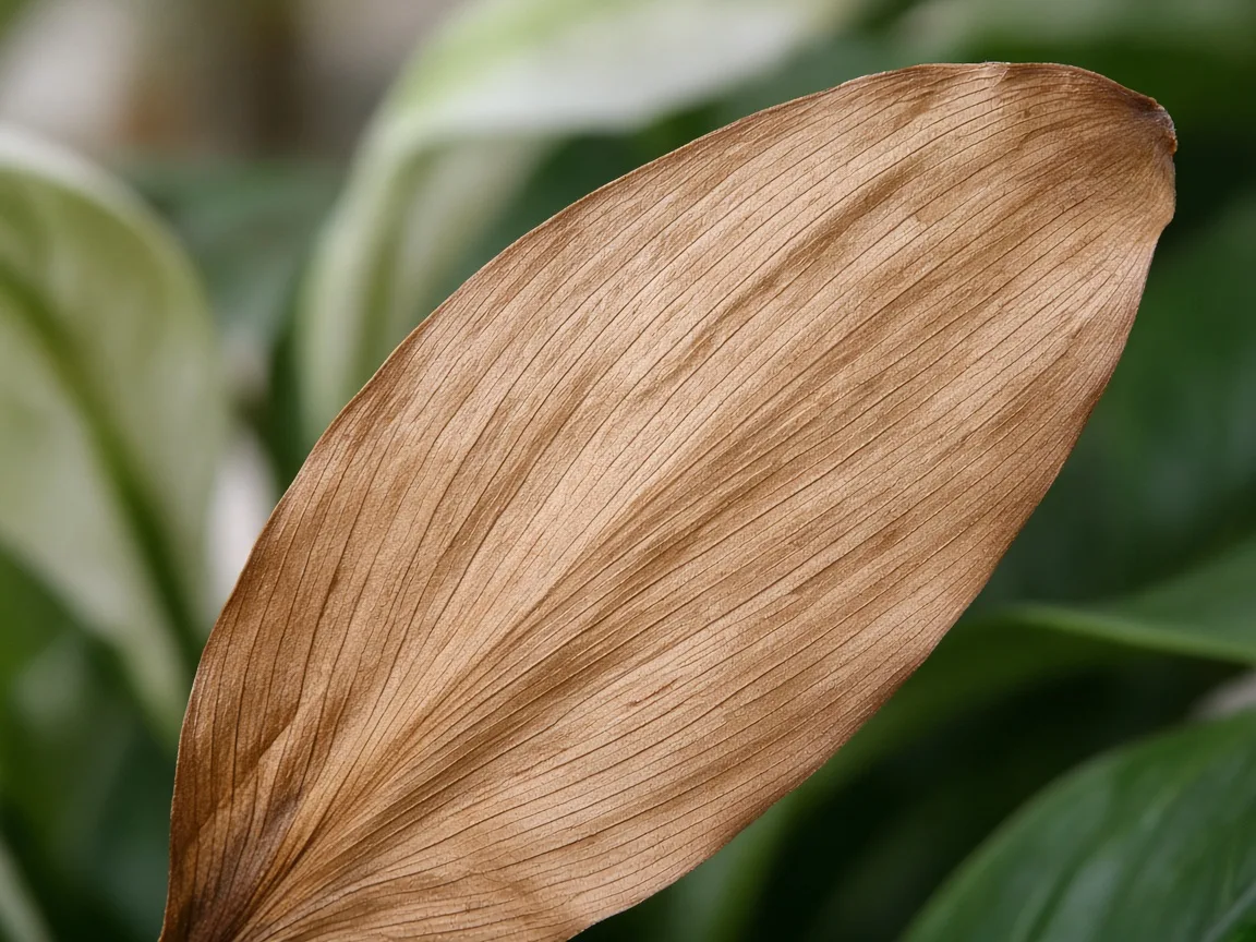 Close-up of brown necrotic Peace Lily leaf - tan papery drought-damaged tissue
