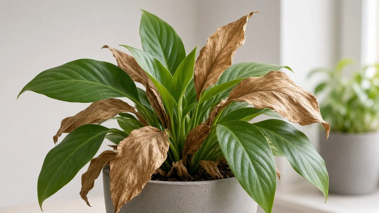 Brown Leaves on Peace Lily - whole tan papery blades from drought or root failure