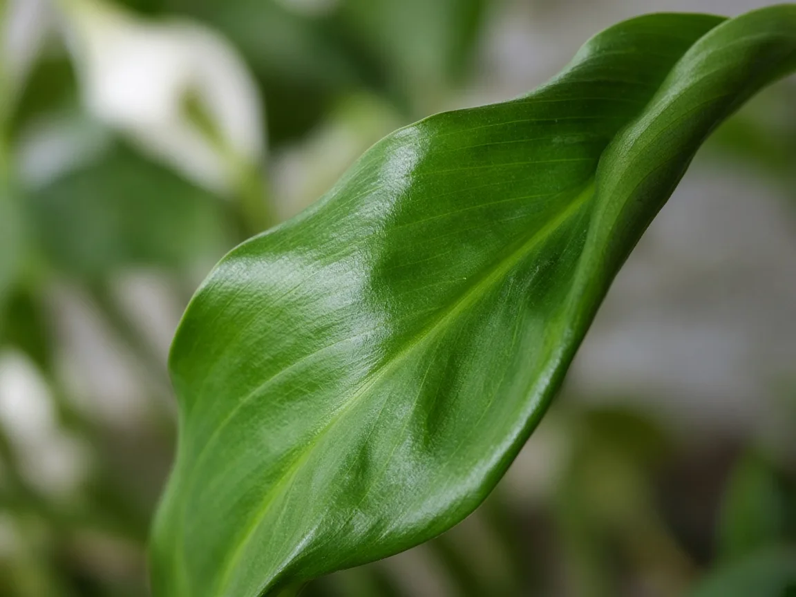Close-up of curled Peace Lily leaf - inward cupped margins from thirst or dry air