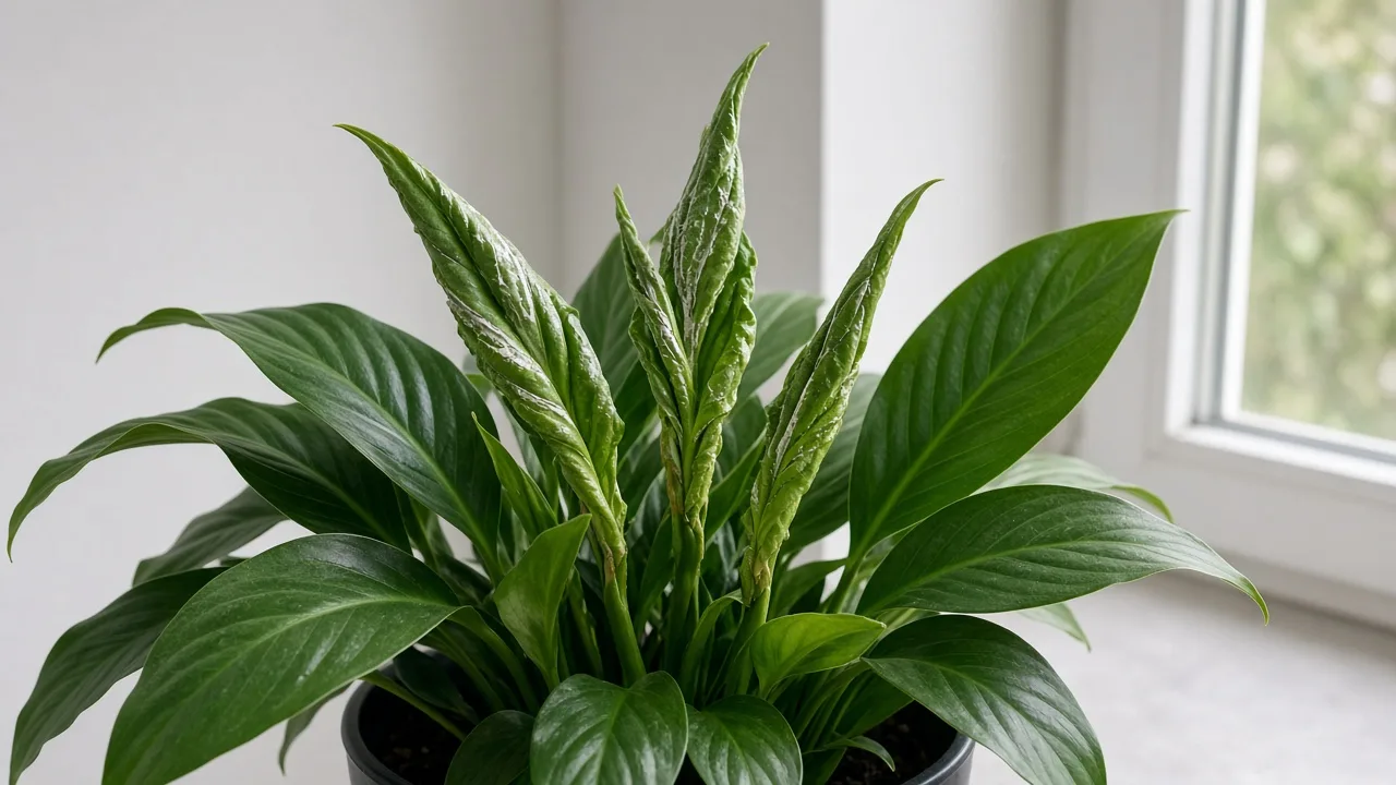 Distorted Leaves on Peace Lily - twisted wrinkled new spears with silver scar tissue