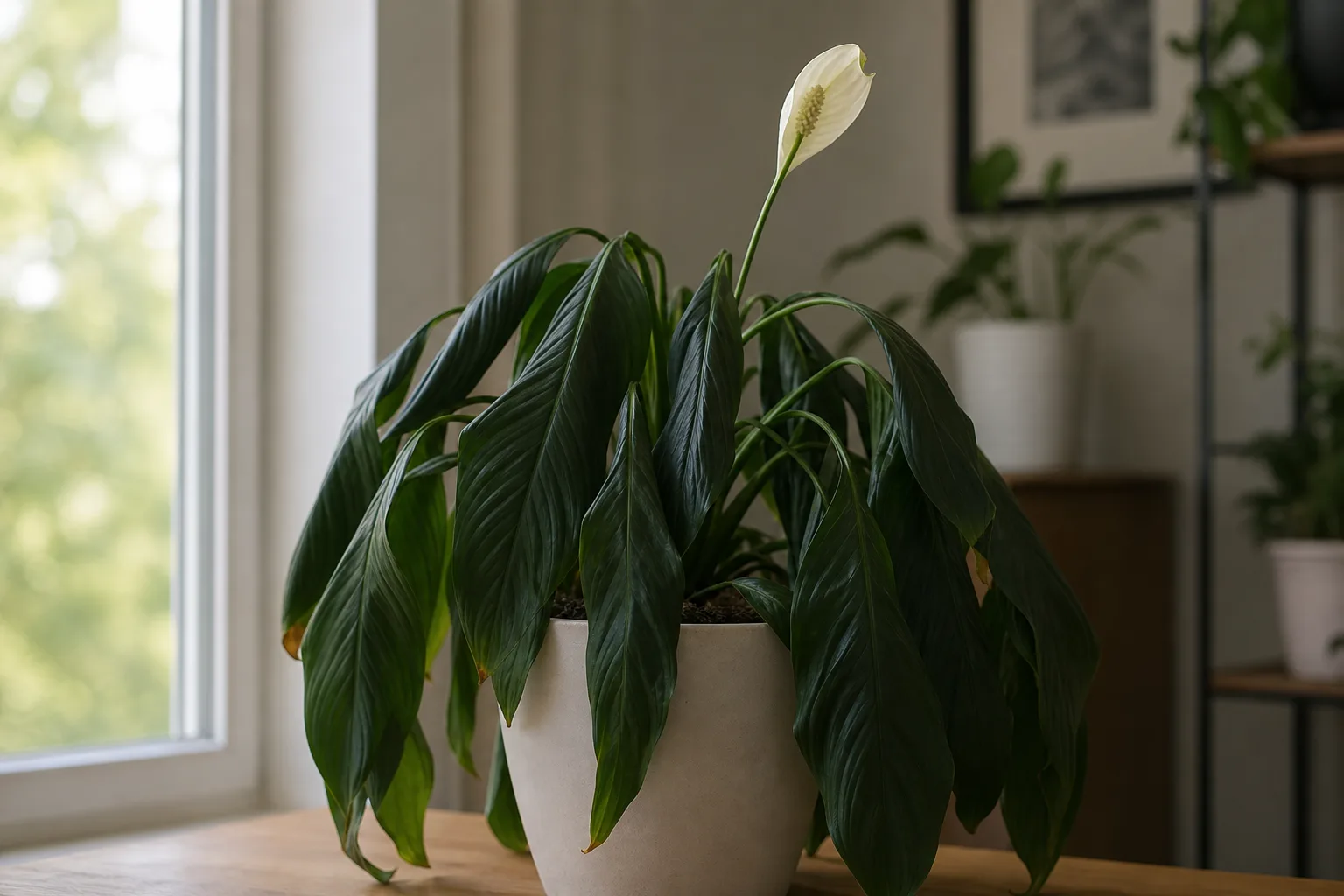 Peace lily with visibly drooping leaves ready for moisture diagnosis