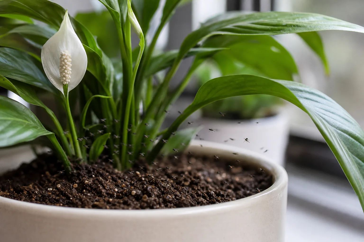 Fungus gnats hovering above damp peace lily potting mix