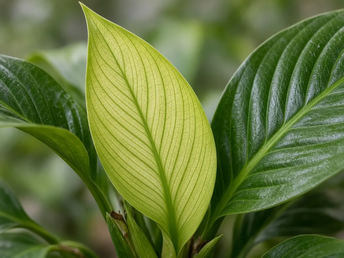 Close-up of iron deficiency on Peace Lily - interveinal chlorosis on new lance leaf