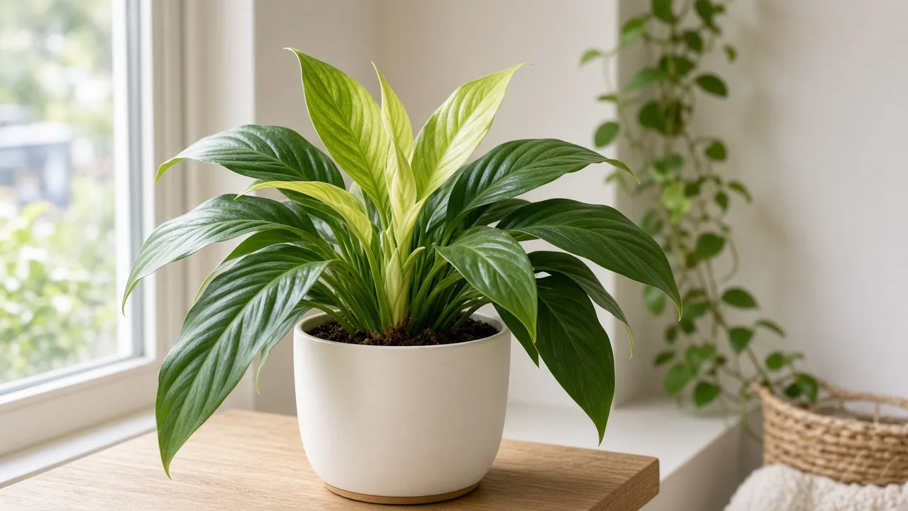 Iron Deficiency on Peace Lily - yellow new lance leaves with green veins at the crown