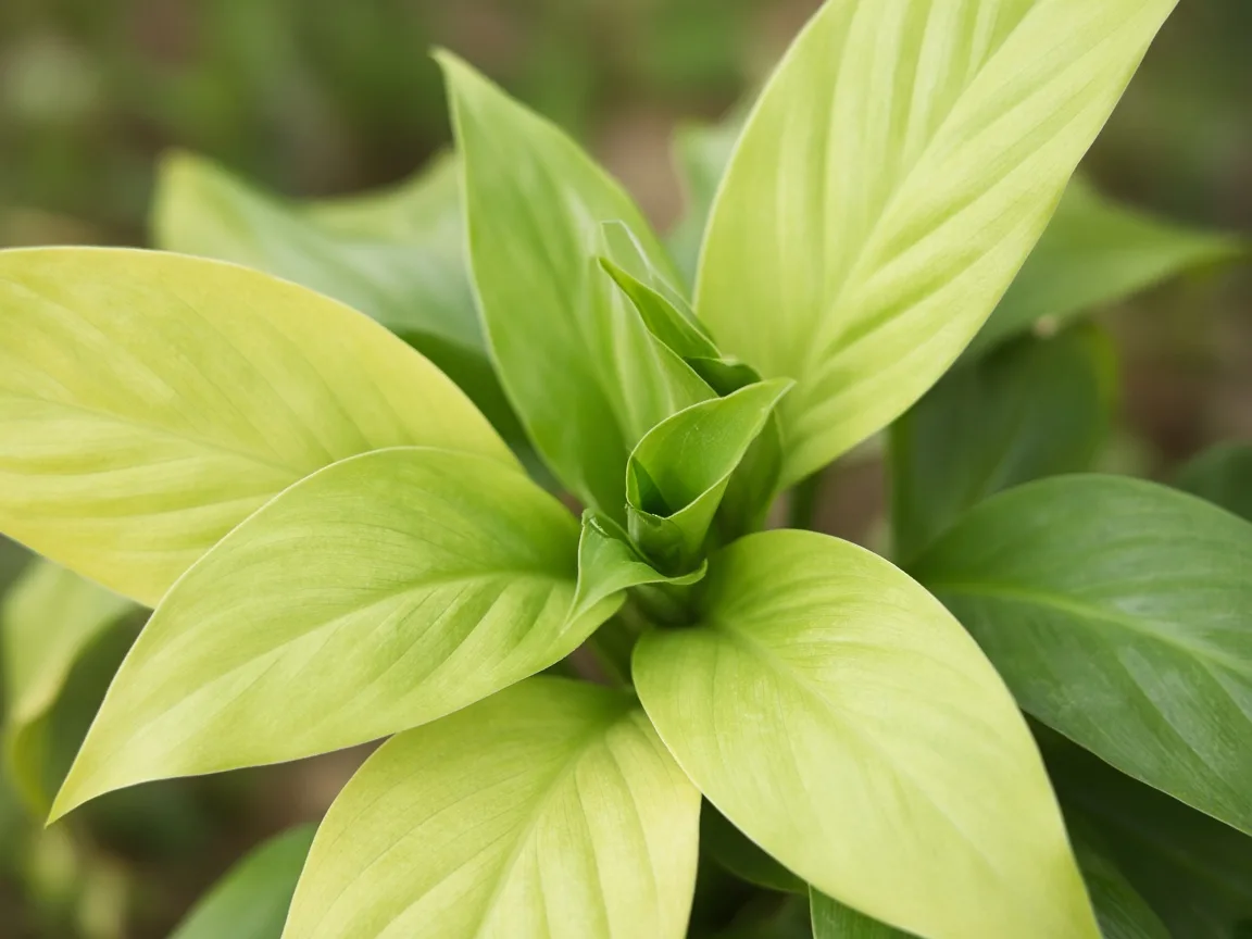 Close-up of nitrogen deficiency on Peace Lily - pale yellow older lance leaves on outer rosette