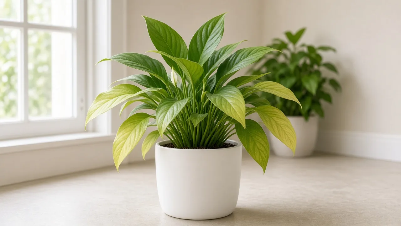 Nitrogen Deficiency on Peace Lily - pale older lance leaves on outer rosette