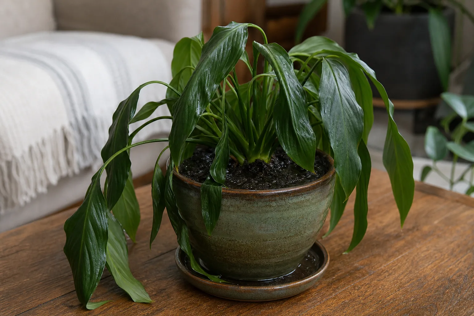 Overwatered peace lily with limp leaves and saturated potting soil, a stress pattern to correct before feeding
