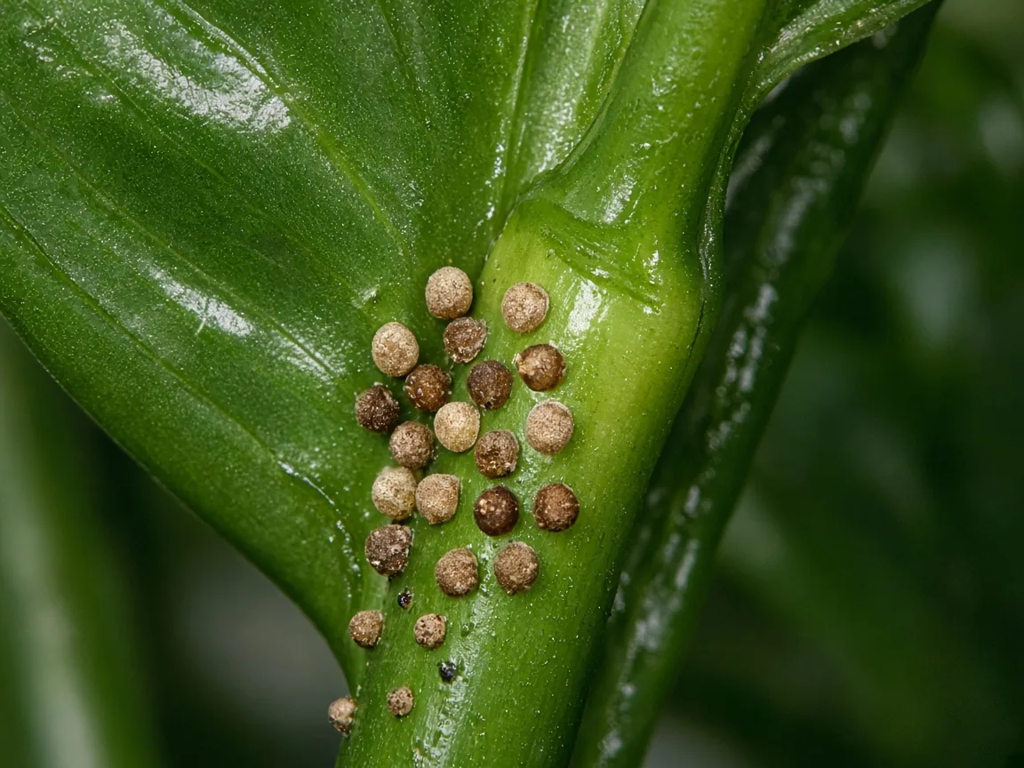 Close-up of scale insects on Peace Lily - tan bumps on glossy petiole at leaf axil