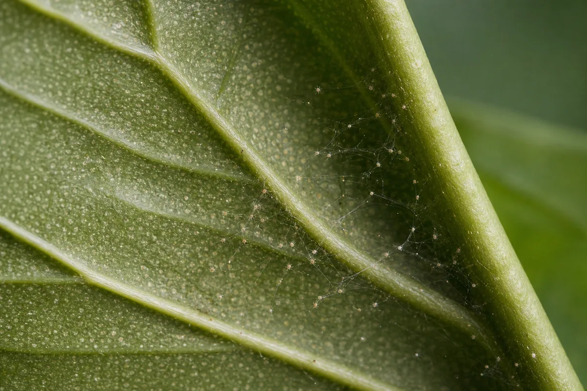 Peace lily leaf with fine pale stippling from early spider mite feeding