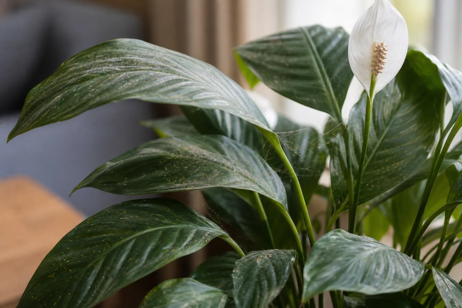Spider Mites on Peace Lily - visible symptom on the plant