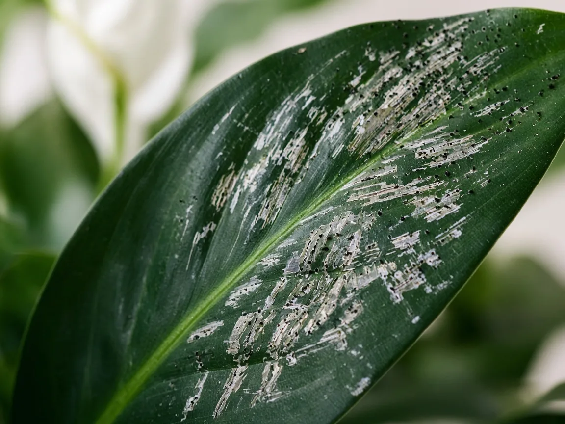 Close-up of thrips damage on Peace Lily - silvery streaks and black frass on glossy lance leaf