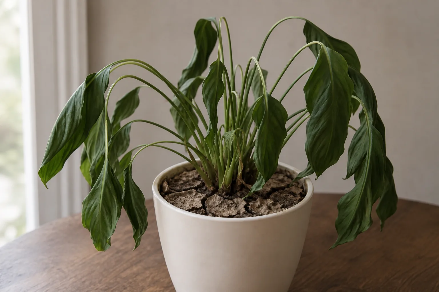 Underwatered peace lily with limp folded leaves and dry potting mix