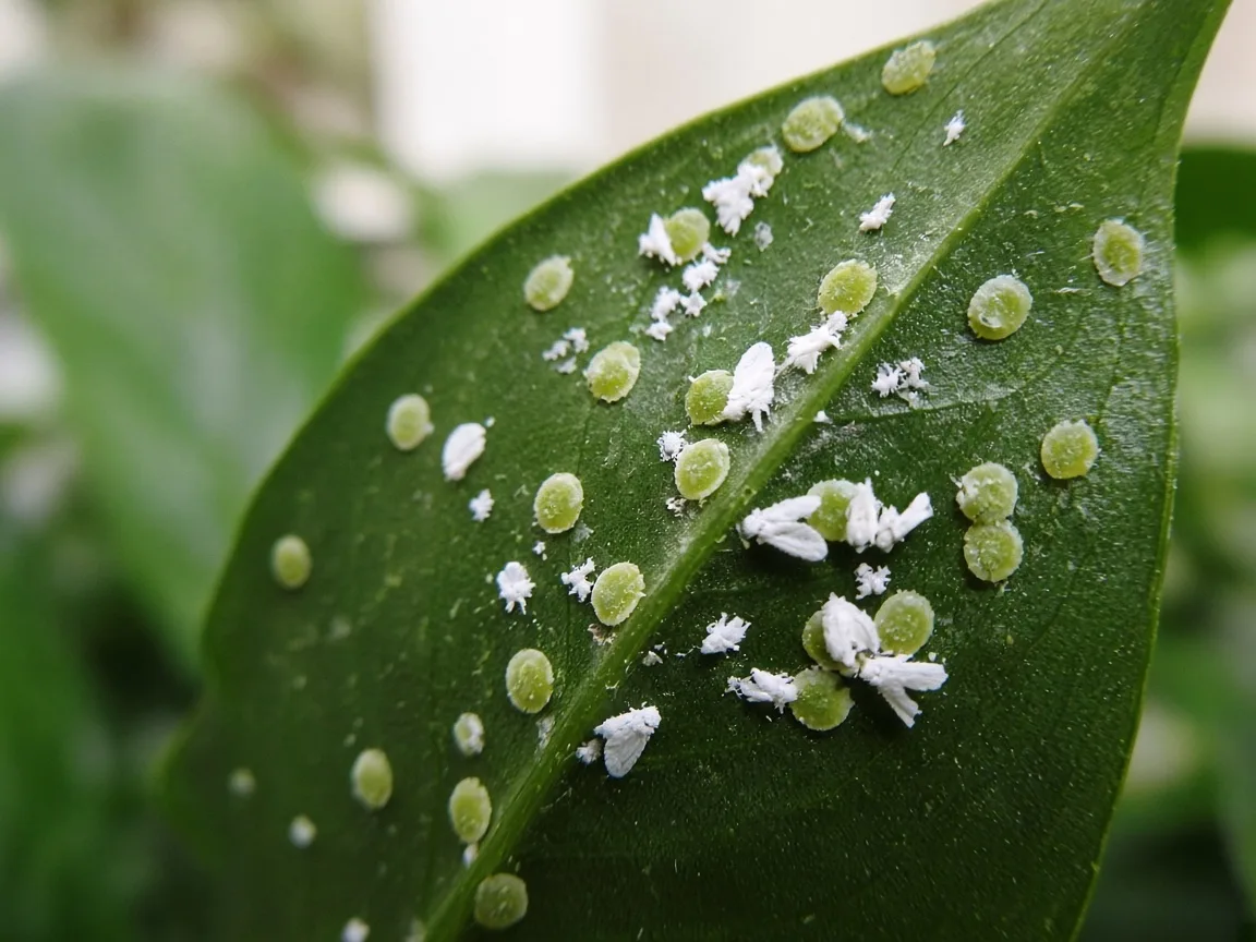 Close-up of whiteflies on Peace Lily - flat nymph disks and adults on glossy leaf underside