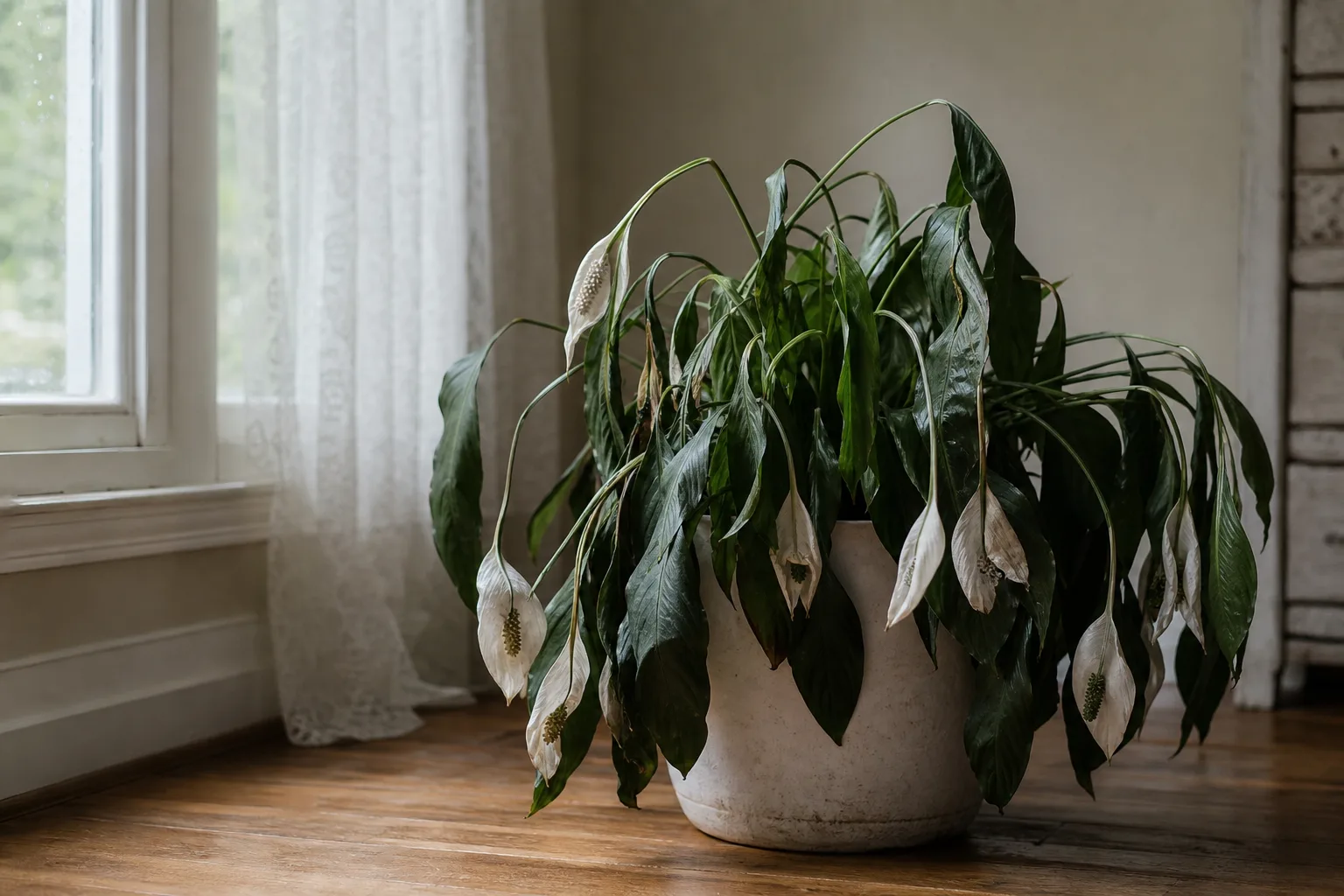 Peace lily with soft wilted foliage collapsing from watering or root stress rather than directional lean