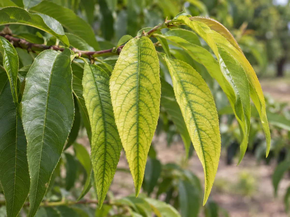 Peach leaves with yellow tissue between green veins, a pattern consistent with iron chlorosis