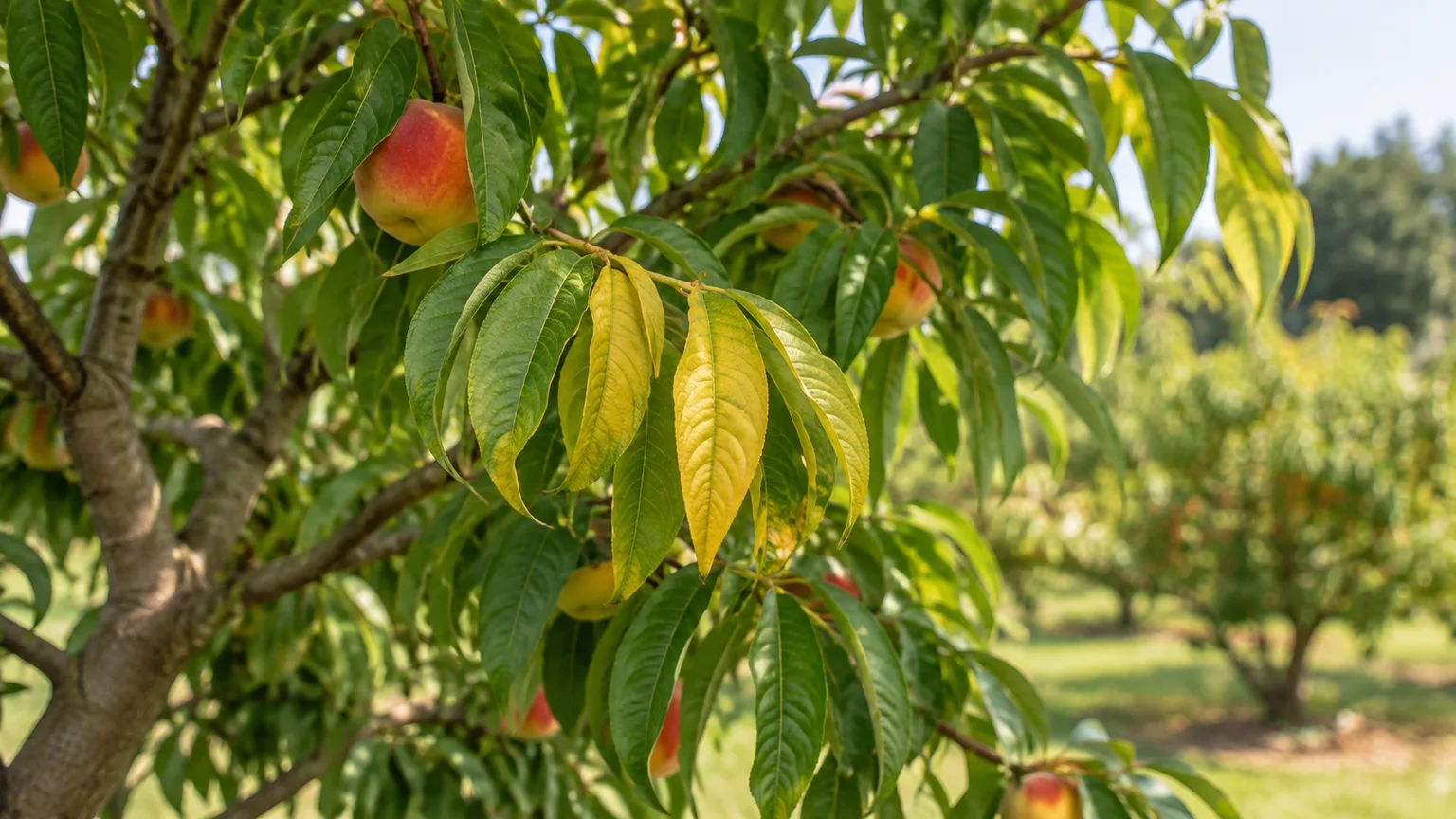Peach tree with a cluster of yellow leaves among healthy green foliage