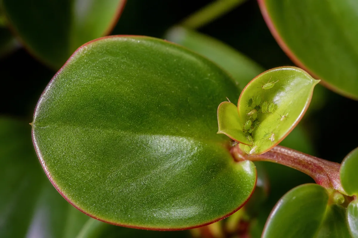 Close-up of Aphids on Peperomia Hope - diagnostic detail