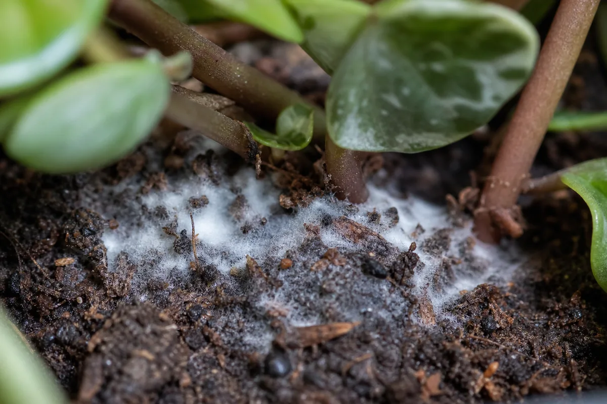 Close-up of Mold on Soil on Peperomia Hope - diagnostic detail