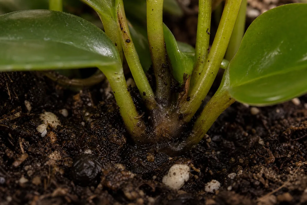 Close-up of Overwatering on Peperomia Hope - diagnostic detail