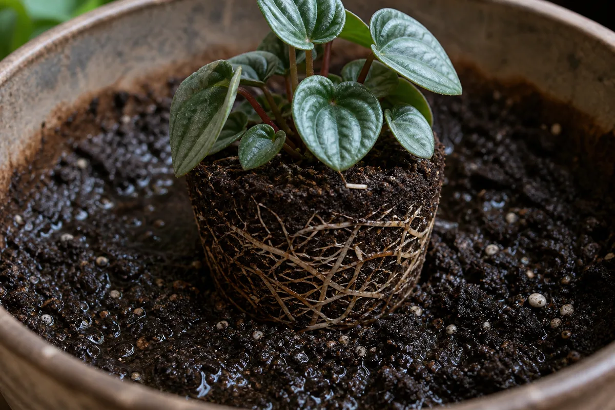 Close-up of Pot Too Large on Peperomia Hope - diagnostic detail