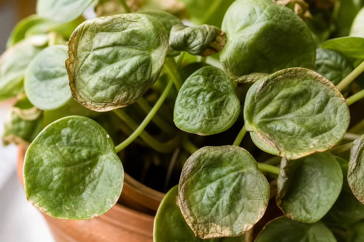 Close-up of Underwatering on Peperomia Hope - diagnostic detail