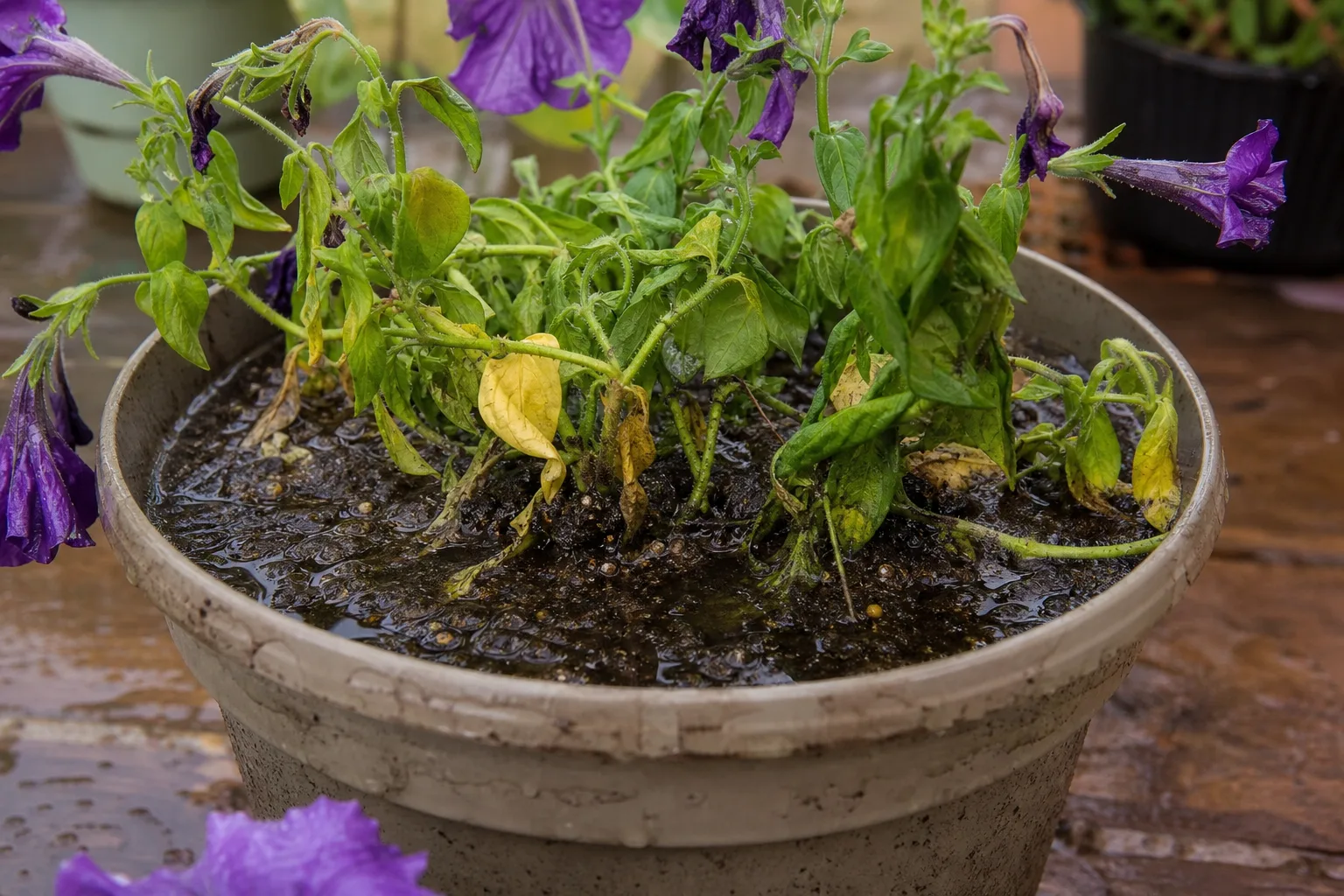 Overwatering on Petunia - visible symptom on the plant