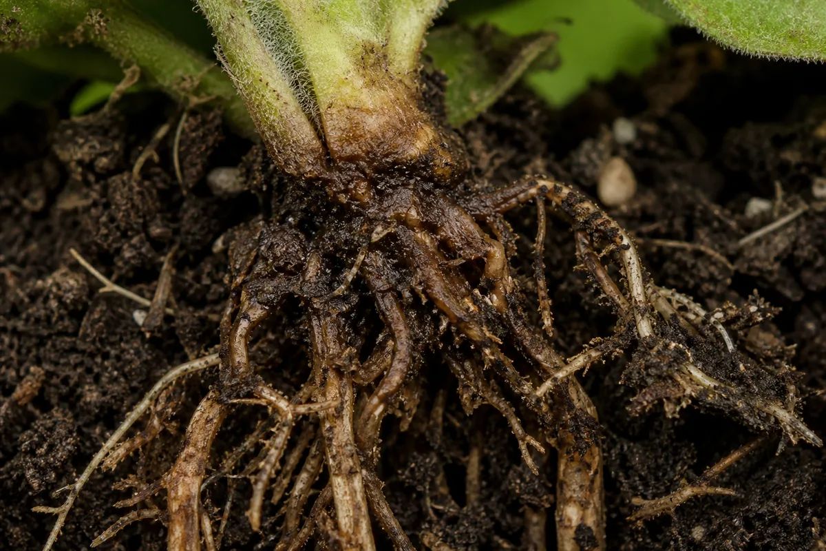 Close-up of Root Rot on Petunia - diagnostic detail