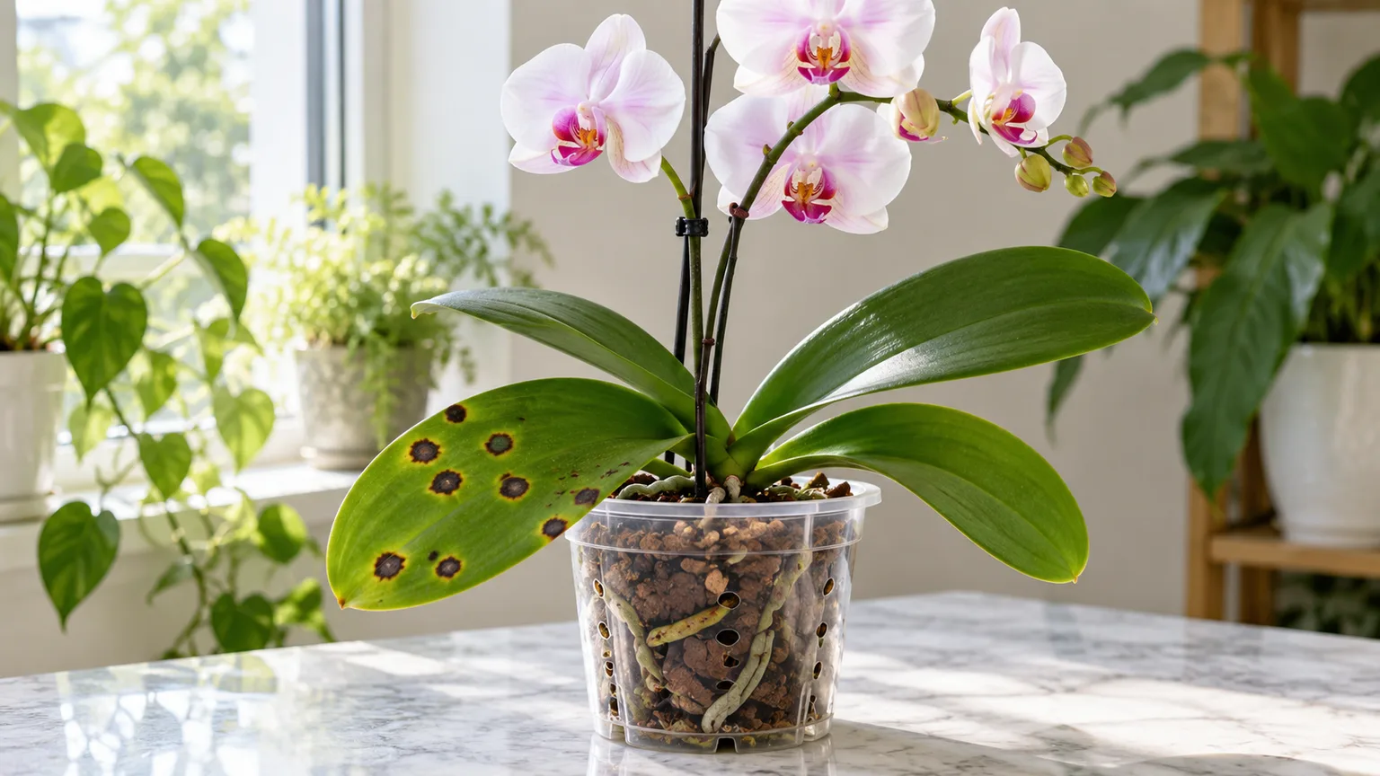 Phalaenopsis orchid leaf with dark spots and yellow margins