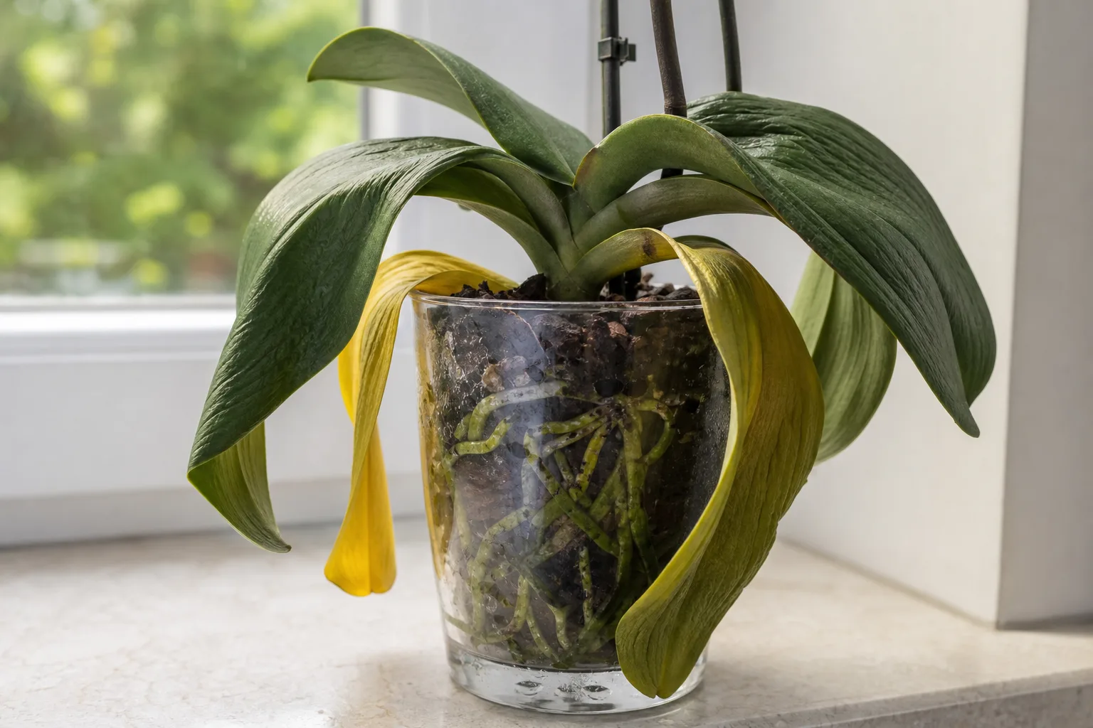 Overwatering on Phalaenopsis Orchid - visible symptom on the plant