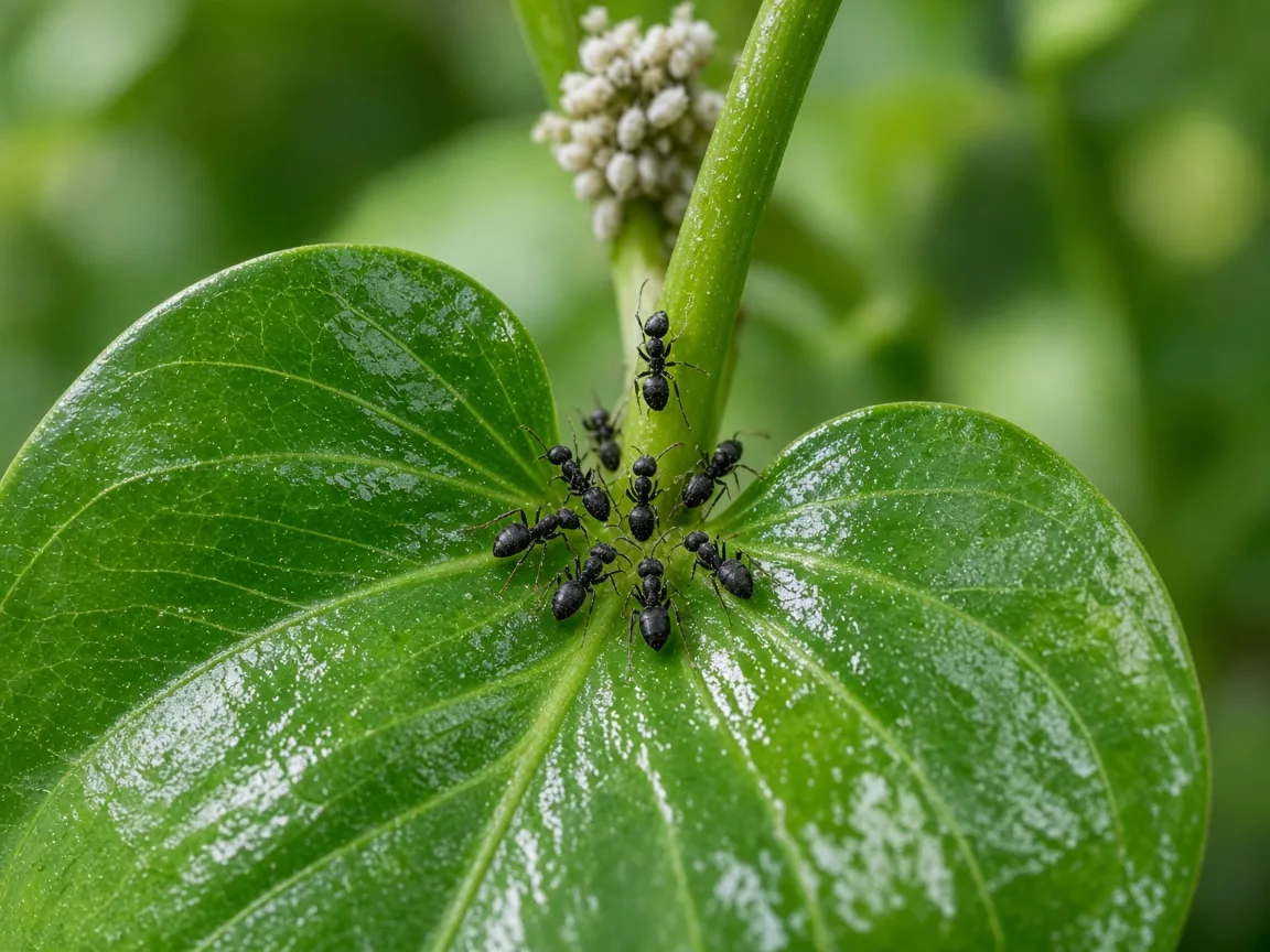 Close-up of ants on heartleaf philodendron stem and leaf junction with honeydew sheen